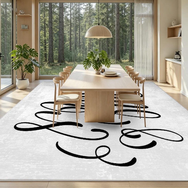 Tapis d'intérieur blanc à motif abstrait lettrage dessiné à la machine M. et Mme, Rectangle 79 po x 118 po