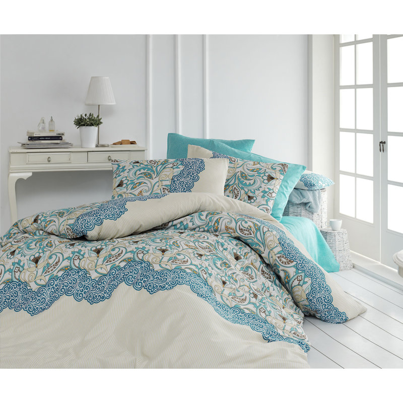 Ensemble de housse de couette en mélange de coton turquoise / crème / orange Caumpield 3 pièces