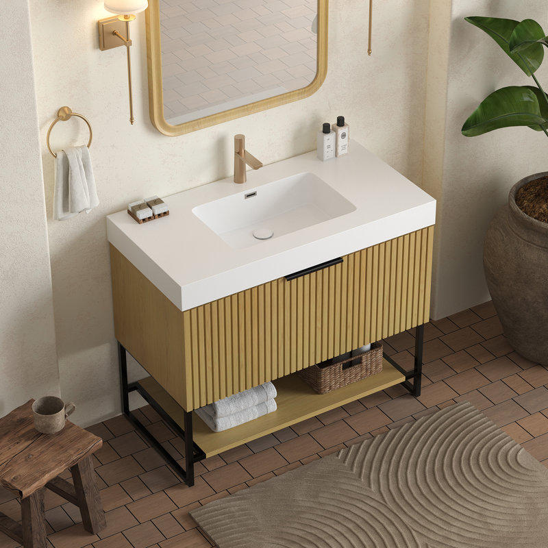 Meuble-lavabo de salle de bain autoportant 36 po, lavabo intégré encastré en résine rectangulaire blanche, pré-assemblé, 36"