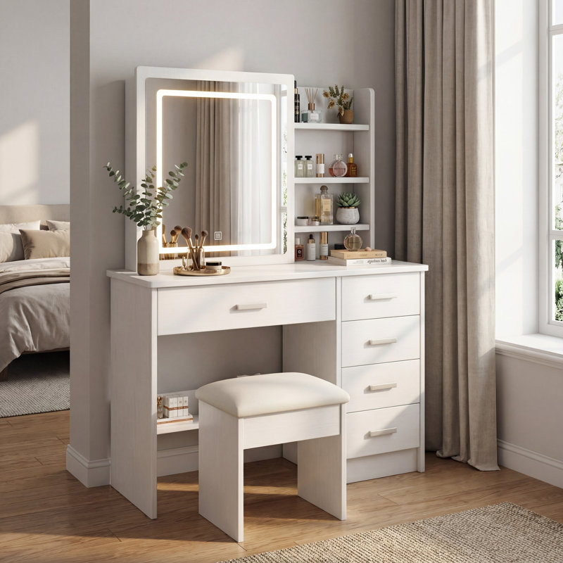 Ensemble de coiffeuse blanche avec miroir lumineux, éclairage réglable, 5 tiroirs, tablettes ouvertes et fauteuil