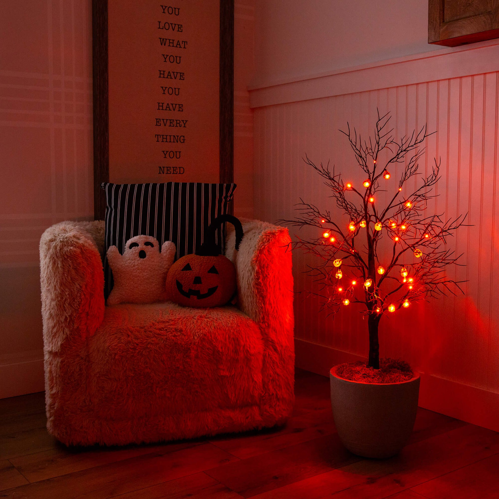 Pre-Lit Halloween Black Twig Tree with Pumpkins, 36" H x 16" W x 16" D