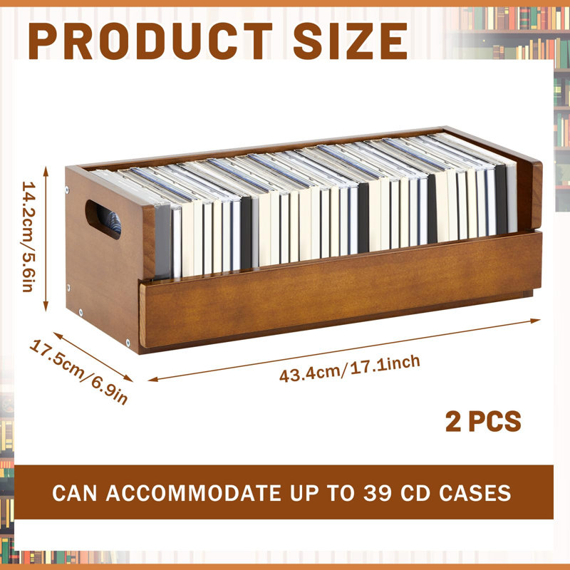 2 Set Wooden CD Storage Box Holder Shelf Cassette Tape Display Racks With Carrying Handles, Organizer Shelf For Movie Cases, Dvds, Each Set Can Store Up To 36 Pcs Cds, Brown
