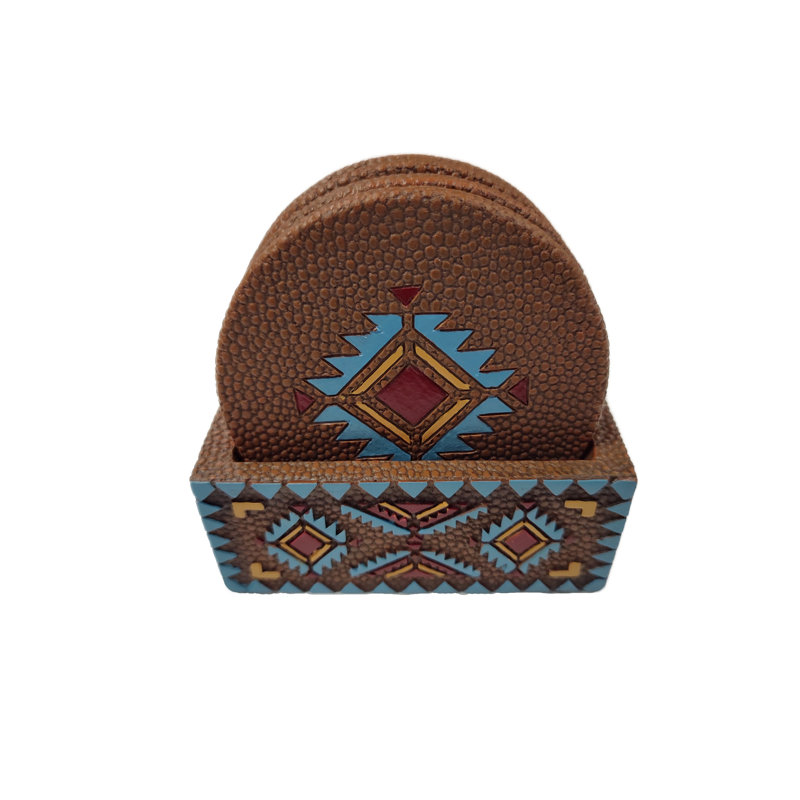 Ensemble de sous-verres en polyrésine de style sud-ouest 4 pièces avec support décoratif