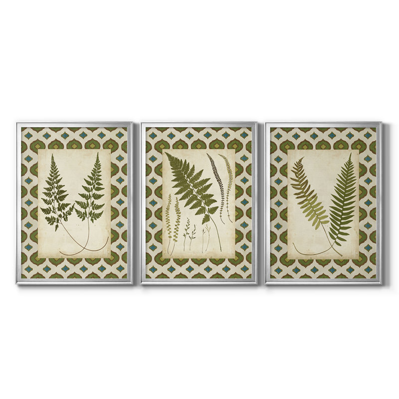 Fougères marocaines I - Toile tendue avec châssis sur mesure - 3 pièces, H 27 po x l 57 po, Argent argent