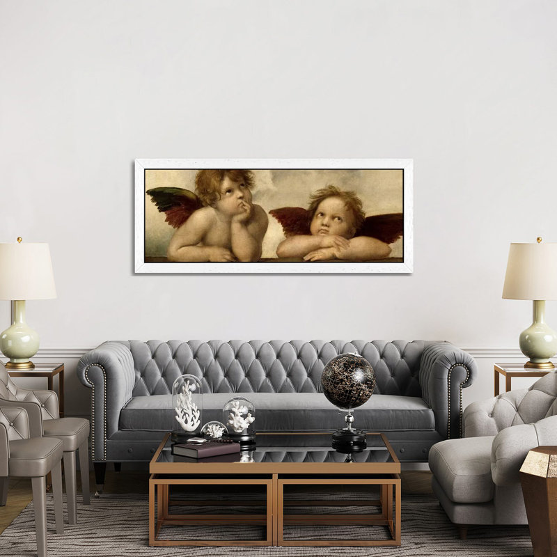 The Two Angels by Raphael - Floater Frame Panoramic Painting on Canvas, 152.4 cm H x 50.8 cm W, White