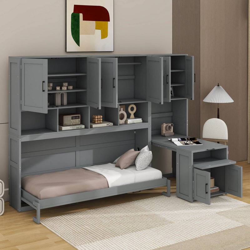 Lit escamotable simple avec armoire de rangement, bibliothèque, tiroirs de rangement et bureau, Gris