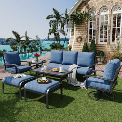 7 PCS Outdoor Metal Conversation Set With 360° Swivel Rocking Chairs, Sofa, Coffee Table&Ottoman For Patio, Garden, Deck Or Poolside by Winston Porter