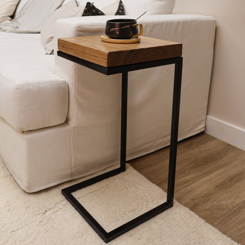 C Shape Rustic Side Table, Black, Aged Oak