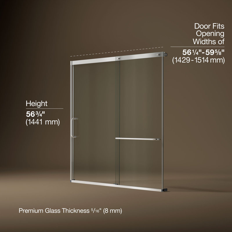 Elate Sliding Bath Door, 56-3/4-In H X 56-1/4 - 59-5/8-In W With Heavy 5/16-In Thick Crystal Clear Glass, Silver