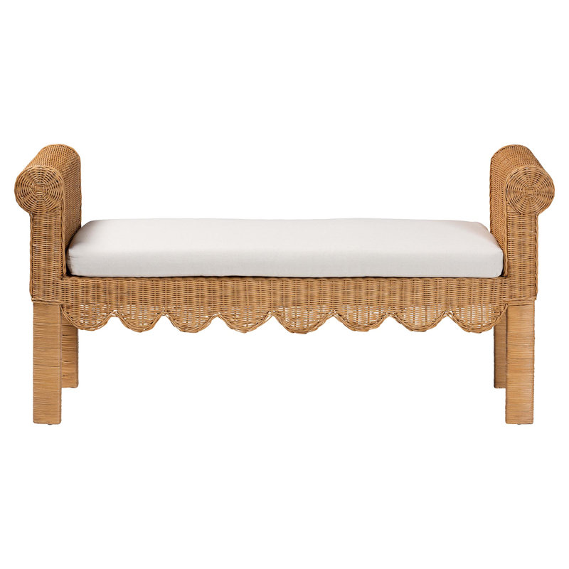 Bali & Pari Reiko Handwoven Natural Rattan Bench With Scalloped Detailing – Boho Farmhouse Entryway, Bedroom, Or Living Room Accent Seating