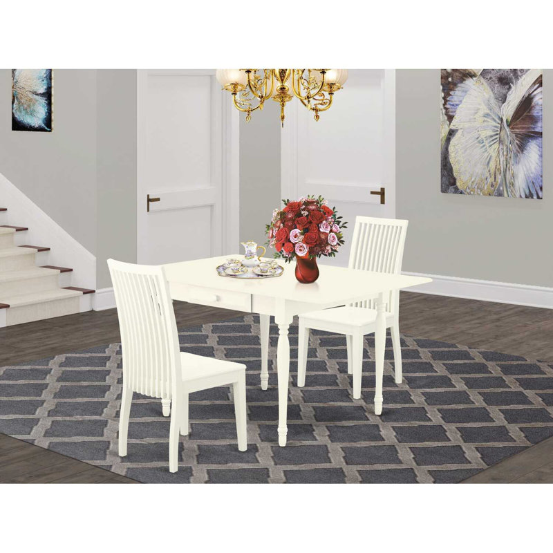 Ensemble de table de cuisine 3 pièces pour petits espaces comprenant une table de salle à manger rectangulaire avec Dropleaf et 2 chaises de salle à manger, lin blanc