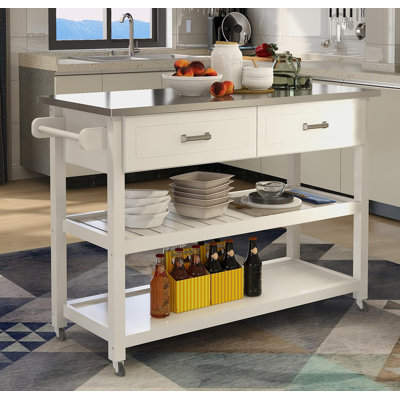 White Kitchen Cart - Stainless Steel Tabletop & 2 Functional Drawers for Added Storage by Lark Manor