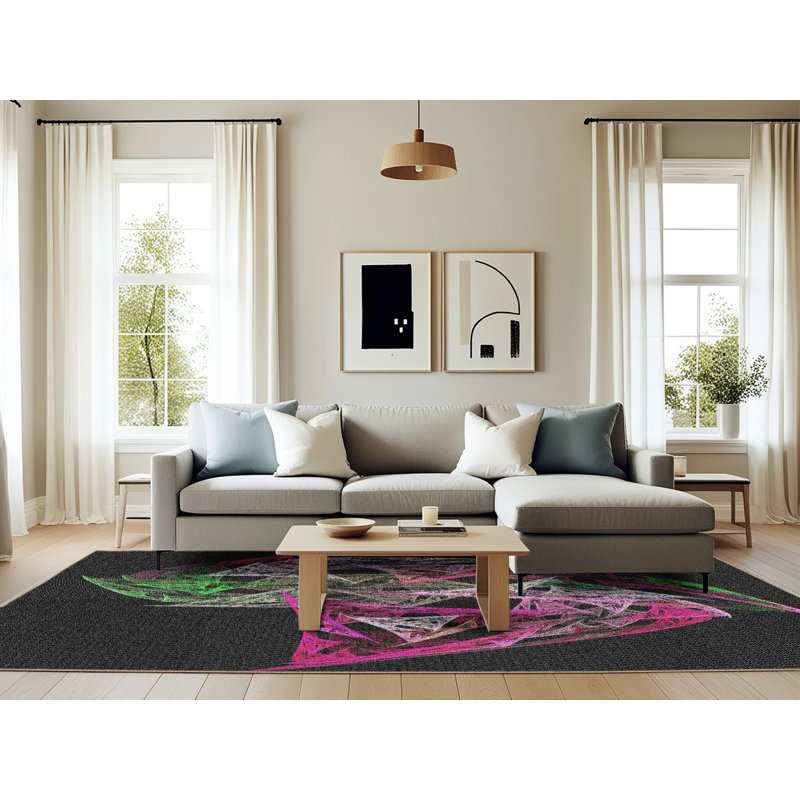 Tapis noir/vert/rose tissé à la machine, Rectangle 6 pi x 9 pi