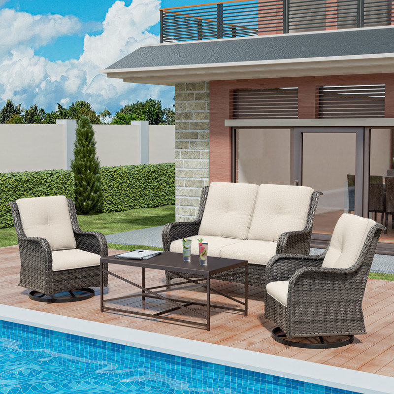 4-Pieces Wicker Outdoor Patio Furniture Set Rattan Chair Wicker Set with Beige Cushion, Beige