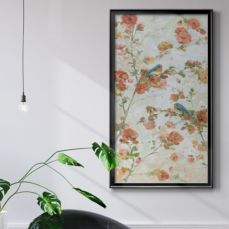 Bluebirds and Blossoms - Peinture sur toile encadrée, H 22,5 po x l 42,5 po x P 1,5 po, Cadre noir