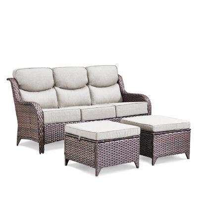 Deb 71" Outdoor Wicker Patio Sofa with 6" Thick Cushions and Ottomans – Deep Seating Outdoor Couch by Red Barrel Studio
