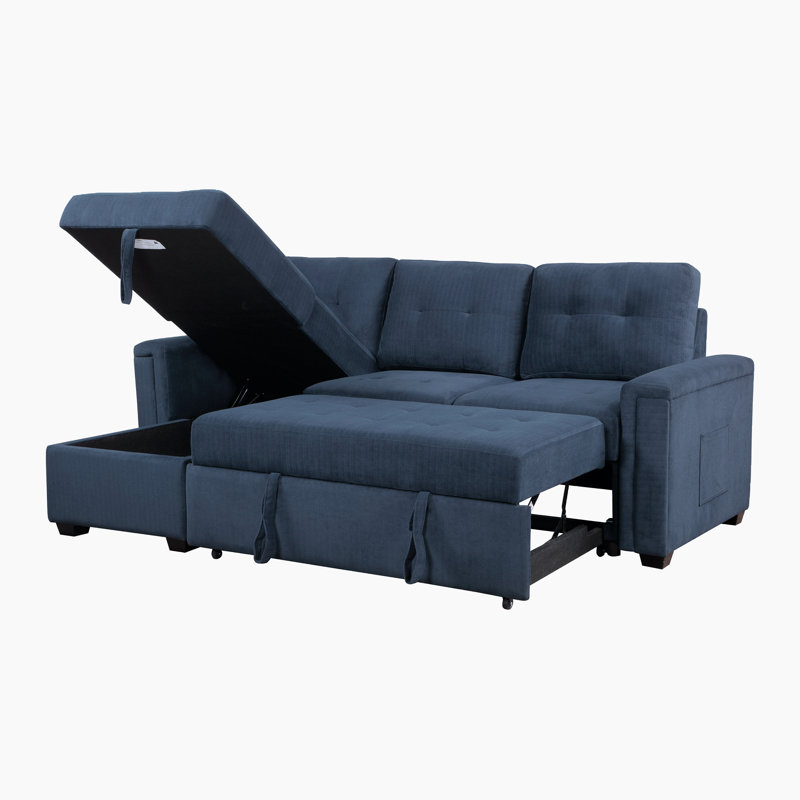 Prabhjeet 90" Modern & Contemporary Reversible Sectional with Pull-Out Bed, Hidden Storage Chaise & Armrest Storage Pouches