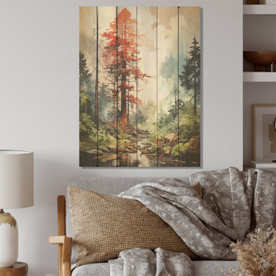 «Forest Redwood Tree Charm I», art mural panneau de bois de séquoia sur bois de pin naturel