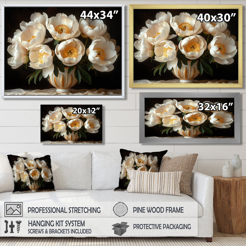 Transparent, pivoines blanches et dorées II - art mural pivoines, Toile tendue, H 24 po x l 32 po