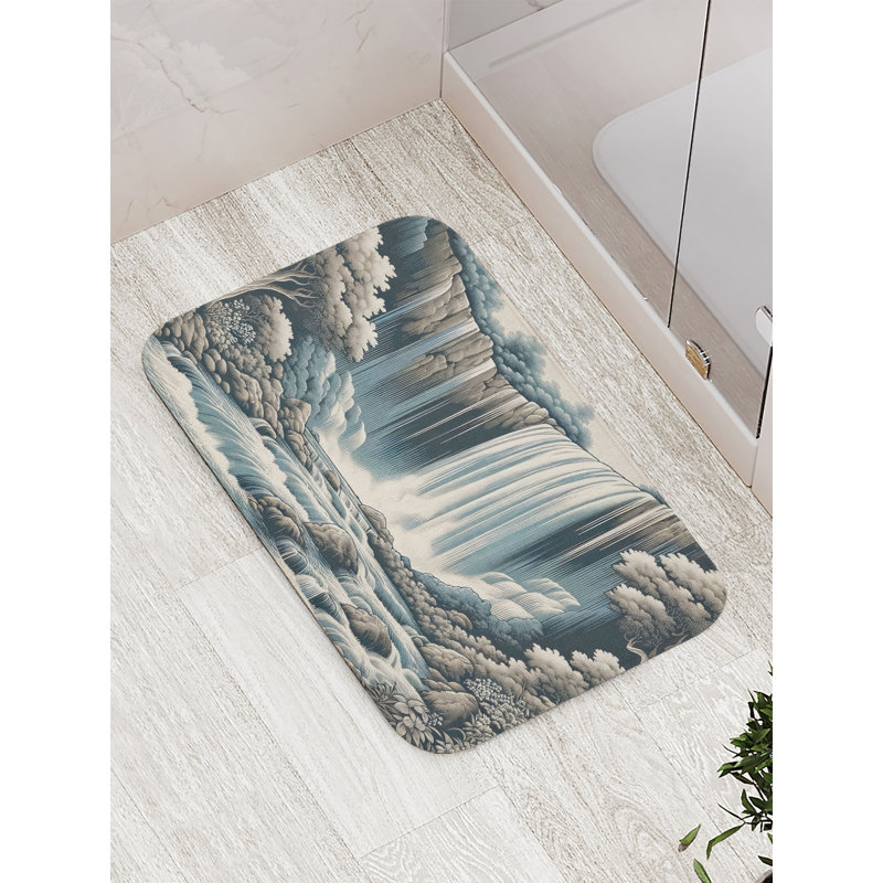Blue Grey Sepia Waterfall Art Polyester Bath Mat