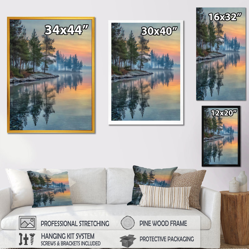 «Sunset at Dawn Lake Summer Mist - Sunset Wall Decor, Orange Landscape», art mural encadré, H 60 po x l 28 po, Toile tendue