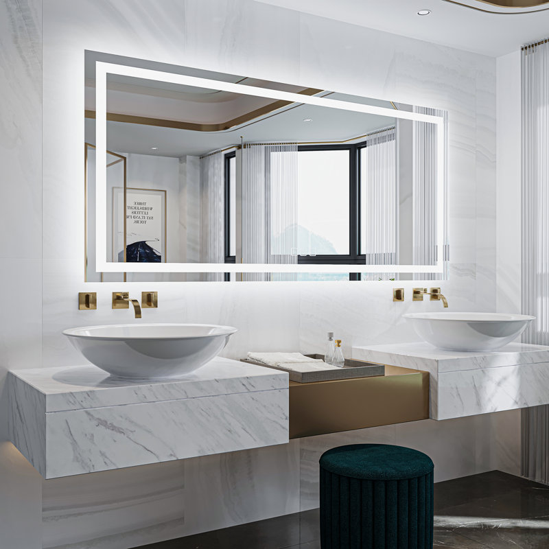 Led Bathroom Mirror, Dimmable Vanity Mirrors For Wall, Anti-fog, 3 Colors Adjustable, Memory, Double Led Lights ( Front And Backlit ) Durable Tempered Material