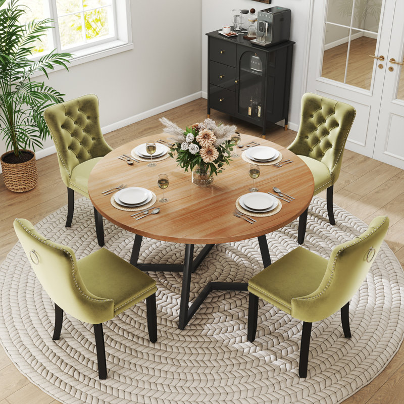 Round Wooden Dining Set with Velvet Dining Chair, Olive Green, Brown