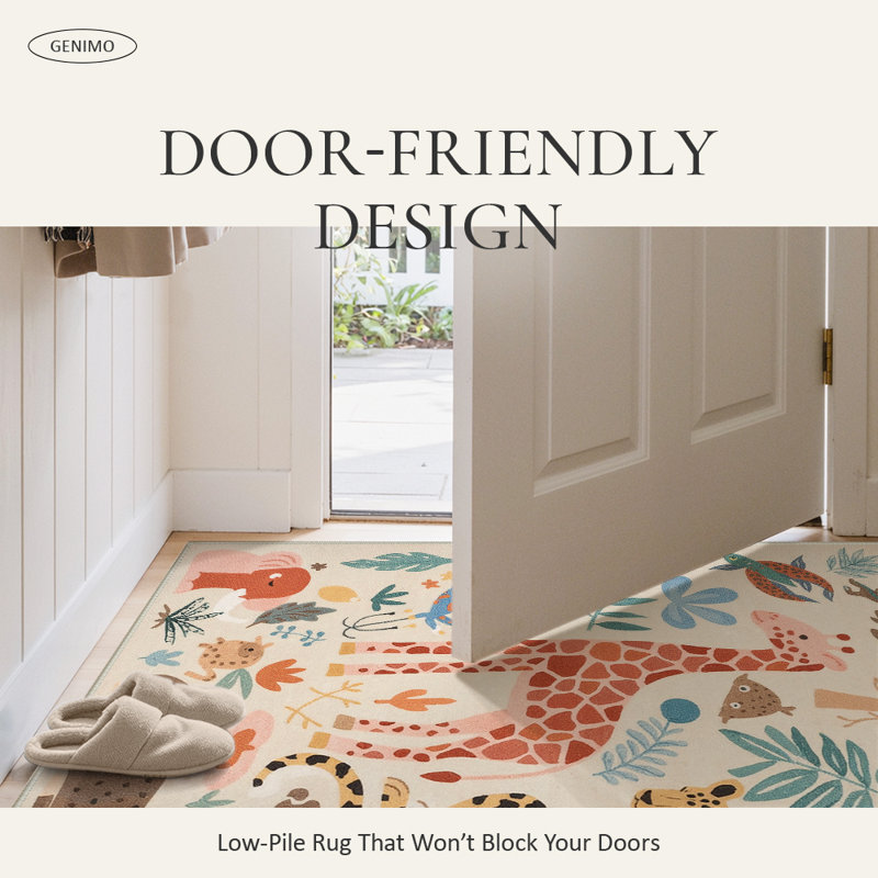 Safari Jungle Animals & Botanical Kids Area Rug, Machine Washable, Inspired Faux Wool - High-Rebound Foam & Non-Slip Backing