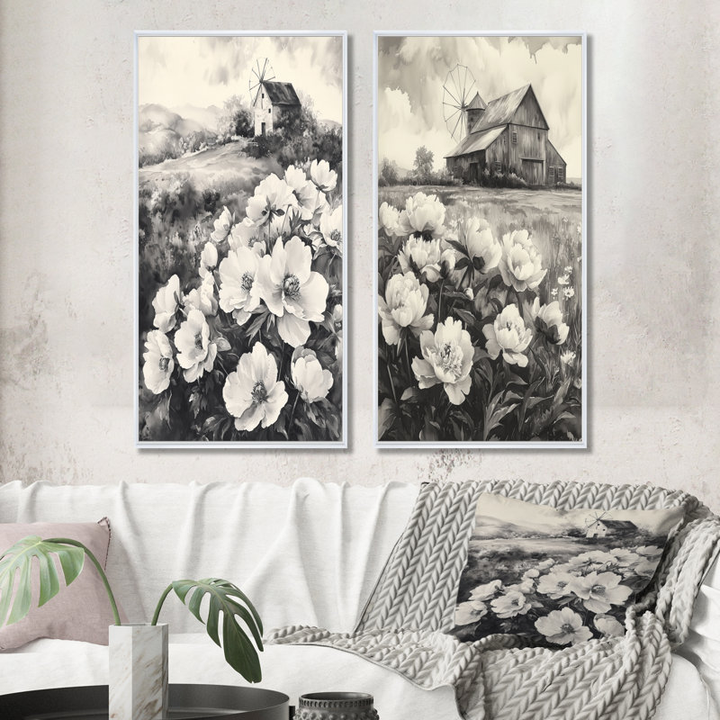 Pivoines monochromes à la ferme I - Collection d'art mural floral 2 panneaux, H 28 po x l 25 po, Cadre flottant blanc