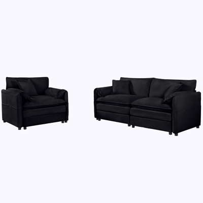 (Old: W3163S00033) Ensemble luxueux de causeuse en chenille 2 pièces avec 3 coussins, canapé moderne et fauteuil profond pour le salon, la chambre à coucher ou le bureau, combinaison de bricolage, noir