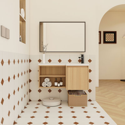Corner Floating Bathroom Vanity with Resin Gel Coat Integrated Sink, L-Shaped Wall-Mounted Vanity, Soft-Close Door & Open Shelves, Space-Saving Modern Vanity