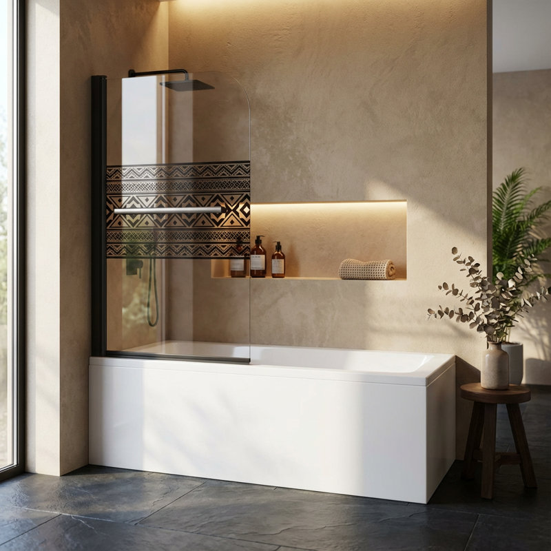Frameless Bohemian Pattern Tempered Glass Shower Door for Bathtub – 32-Inch Width x 55-Inch Height, 180° Pivoting Hinge, Stainless Steel Handle