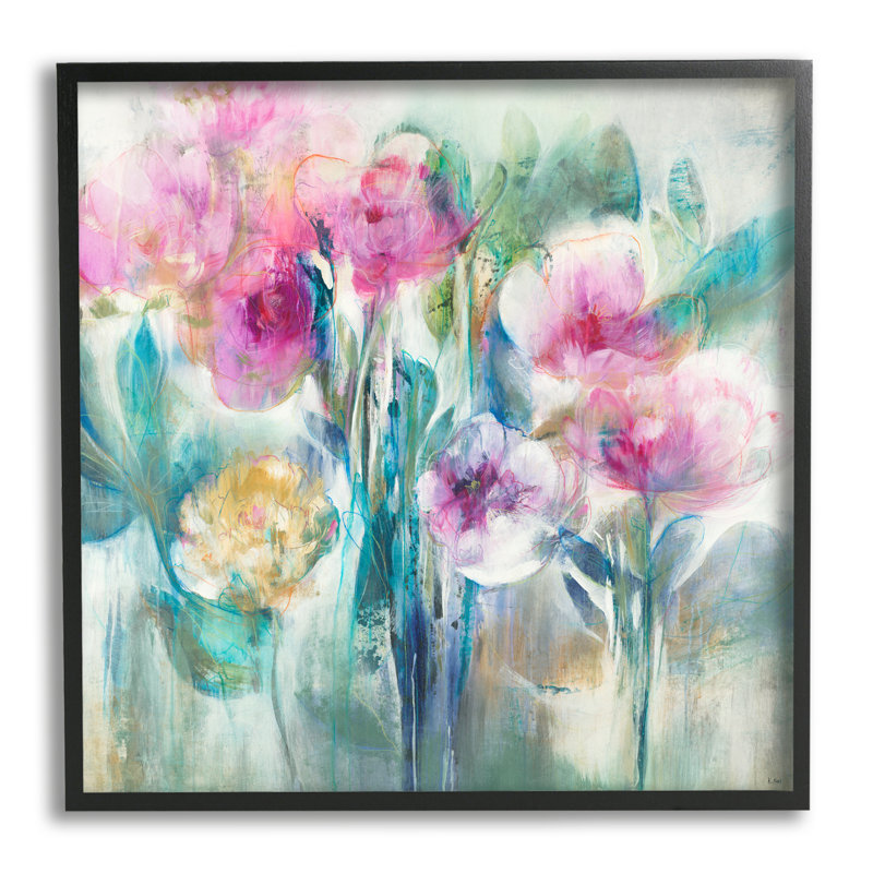 Délicates fleurs pluvieuses, pivoines roses, illustration peinte par Tiers et murs - peinture, H 17 po x l 17 po x P 1,5 po