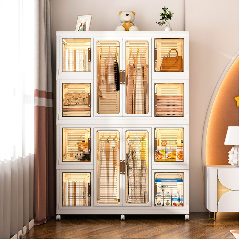 Grande armoire de rangement portative avec 8 petites armoires de rangement et 2 tringles de suspension pour les articles. 12, tringles, portes magnétiques. Pour les vêtements, les articles. Pp et abdos forts Rapide à assembler. Blanc