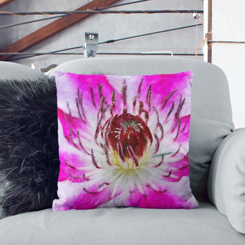 Pink Clematis Flower Painting Square Throw Cushion, 40cm H x 40cm W x 15cm D