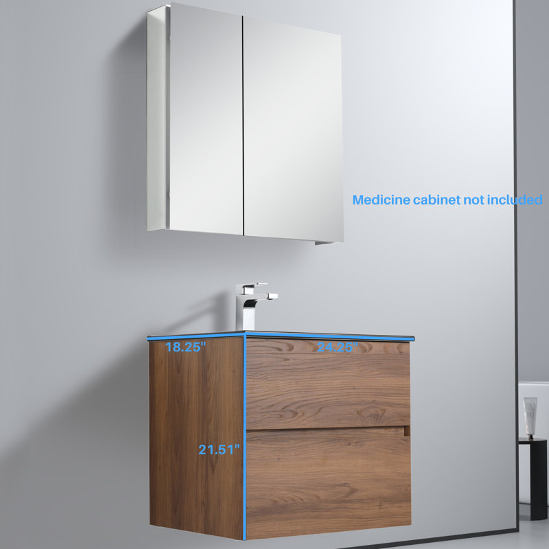 Meuble-lavabo mural 24 po avec lavabo - Armoire murale en bois avec plateau en céramique noir mat, tiroirs à fermeture en douceur et meuble-lavabo simple moderne