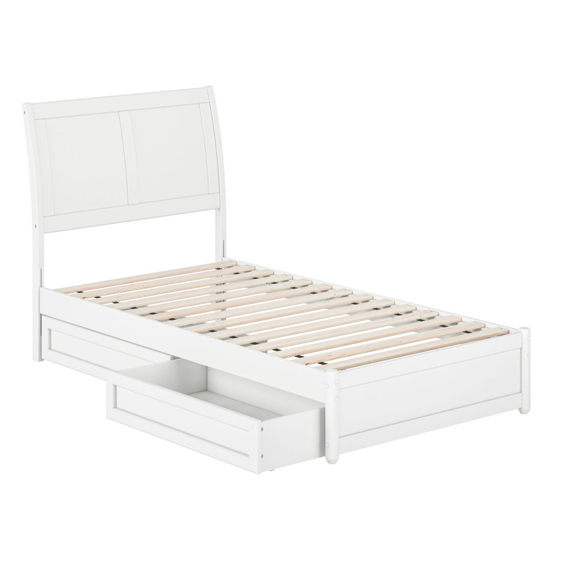 Lit plateforme en bois massif Lamayia avec pied de lit et tiroirs de rangement, White, Twin