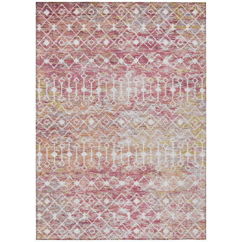 Tapis d'intérieur lavable à motif argyle rose et ivoire 5 pi x 8 pi