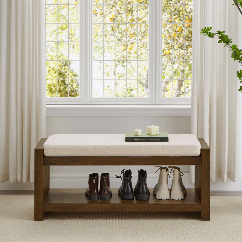 Accent Bench With Lower Shelf Shoe Rack, Padded Seating Bench, Ivory, 18.5" H x 40" W x 16.25" D