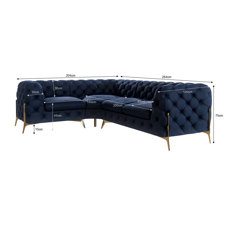 Chesterfield Corner Sofa L-Shape  with Gold Metal Legs, Navy Blue, Right Hand Facing