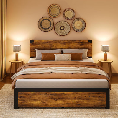 Bed Frame With Wooden Headboard, Under-Bed Storage And Metal Legs. Noise-Free Operation, No Box Spring Required