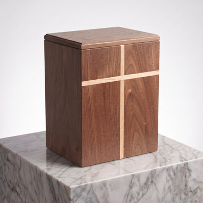 Solid Walnut Wood Cremation Urn for Human Ashes Adult Male & Female, Handcrafted in USA with Maple Cross Inlay and Modern Flat Base