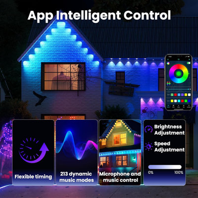 Guirlande lumineuse extérieure permanente de 15 m avec 30 DEL pour avant-toit, éclairage intelligent RGB+IC avec 75 modes d'éclairage, synchronisation musicale, étanchéité IP67, application et télécommande pour la décoration de toiture, Halloween, Noël, fêtes et toute l'année
