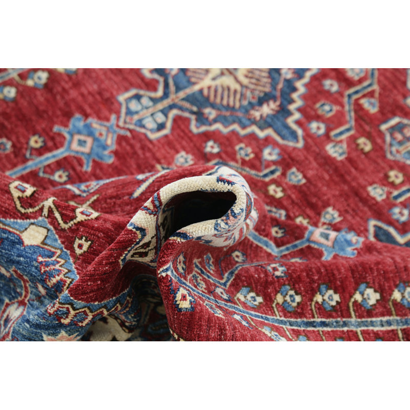 Tapis de conception géométrique turc rouge, bleu marine et ivoire en laine noué à la main 5,8 x 7,7 pi
