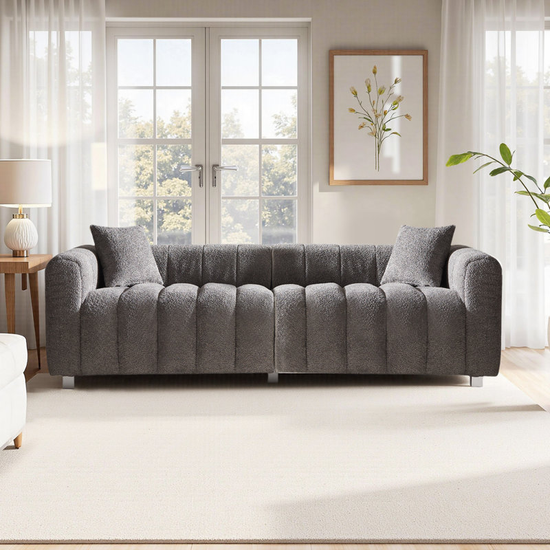 87.4'' 3-Seater Teddy Velvet Sofa, Upholstered Couch With Metal Base Legs & 2 Pillows For Living Room, Bedroom, Gray