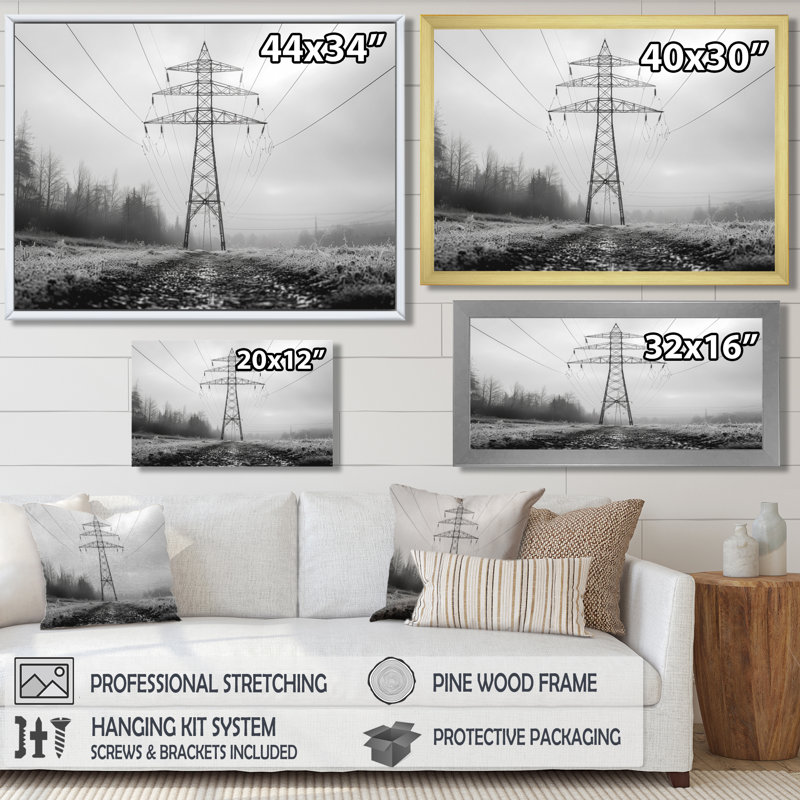 Lignes électriques monochromes d'hiver gris Aura Power Lines - Power Lines Wall Art Living Room, Cadre flottant blanc