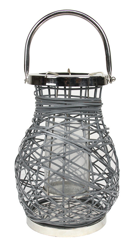 Lanterne-pilier moderne en fer tressé avec ouragan en verre, Gris, H 13,5 po x l 8,5 po x P 8,5 po