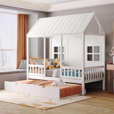 Twin Size Wood House Bed With Twin Size Trundle, Wooden Daybed, White