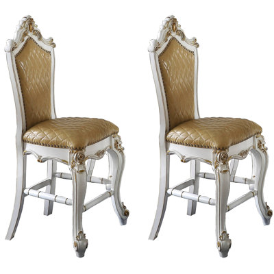 2 Counter Height Chairs, Brown+White, Solid Back, Rectangular Shape, Foam Fill, Traditional Style For Dining Area, With Faux Leather & Elegant Trim Seating - 2 Chairs In Antique Pearl Leather,