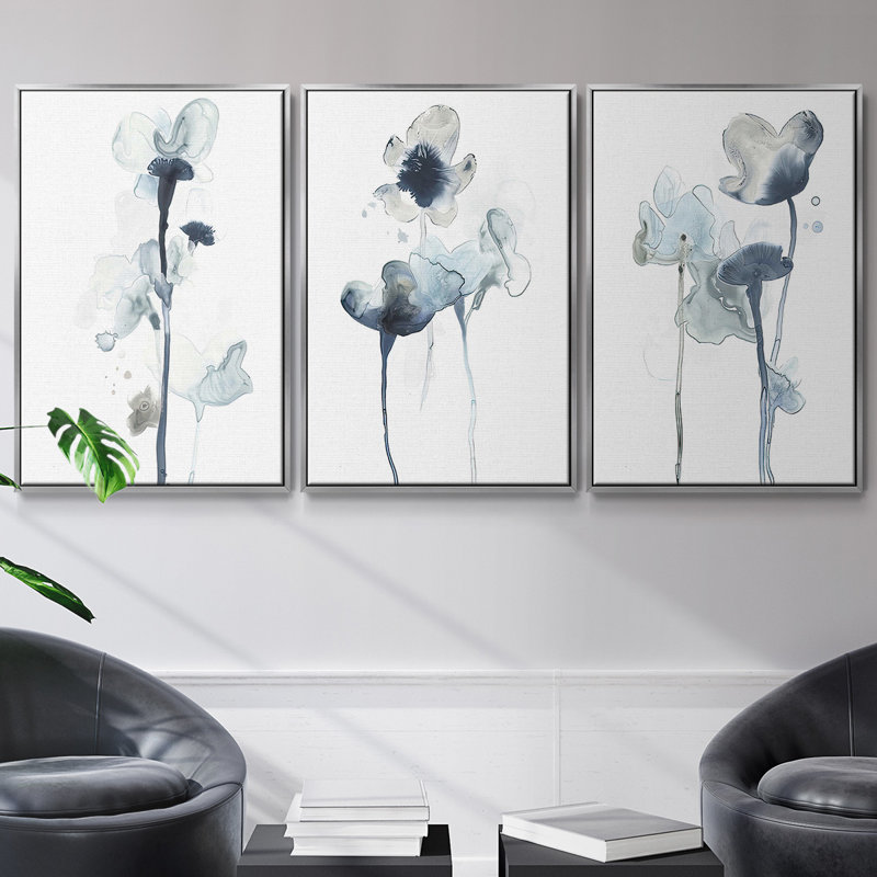 «AU CH Midnight Blossoms I», ensemble de 3 reproductions encadrées sur toile, H 36 po x l 72 po, Argent